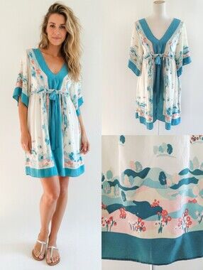 Silk Floral V-Neck Mini Dress Beach Cover Up with Waist Tie